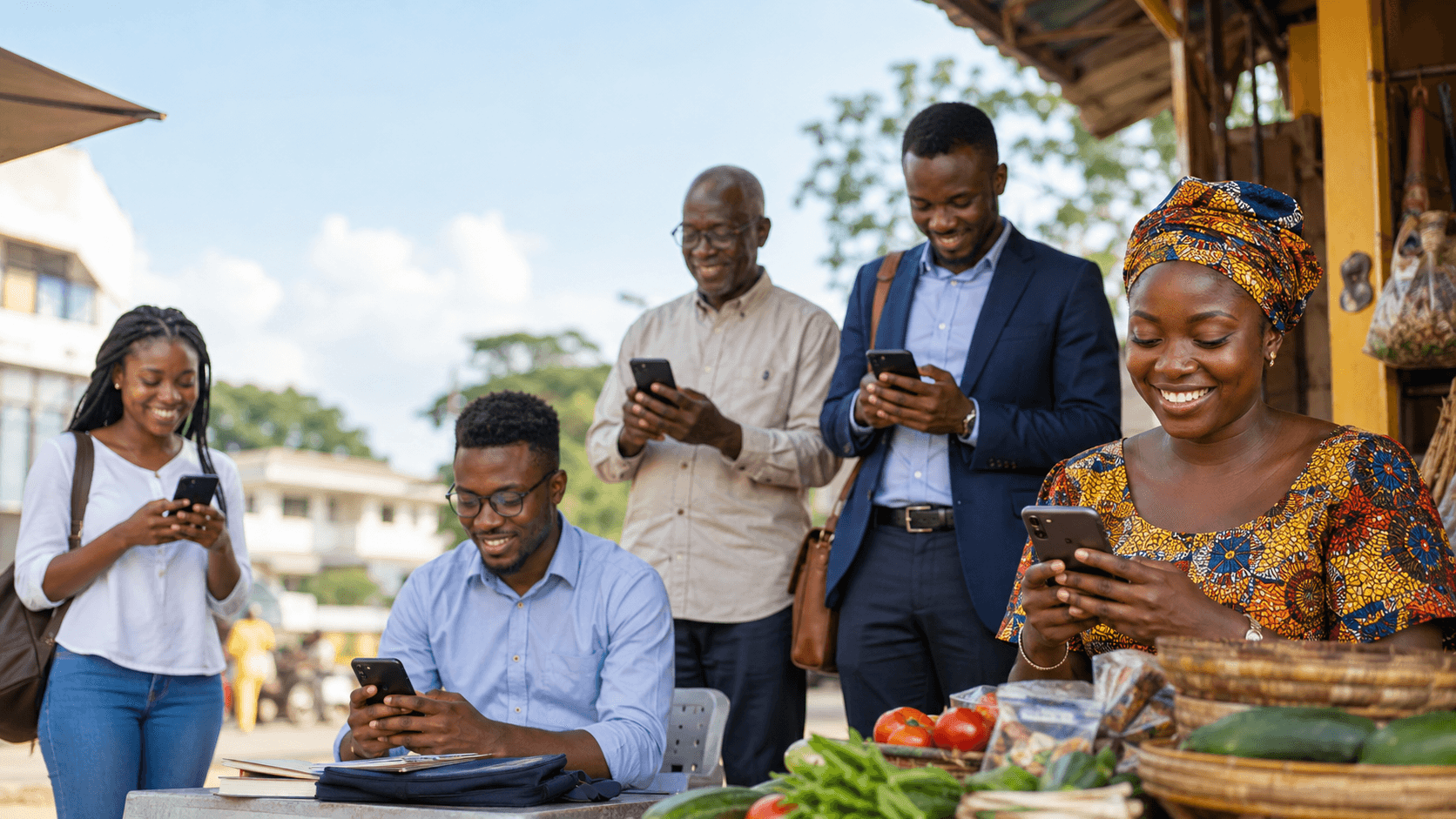 Ghanaian professionals and mobile money sellers serving customers