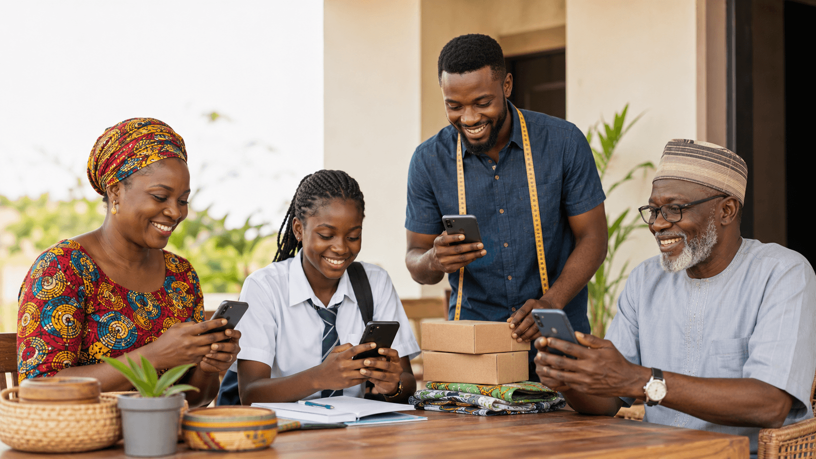 Ghanaian agent and small business buyer checking data orders together